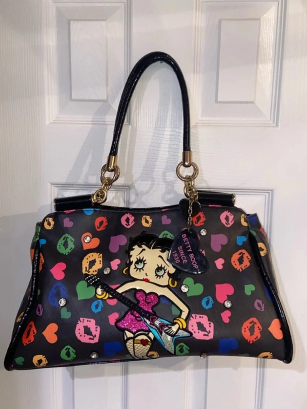 Betty Boop Satchel Handbag Black Multicolor | Zip Closure | Rhinestone Accent